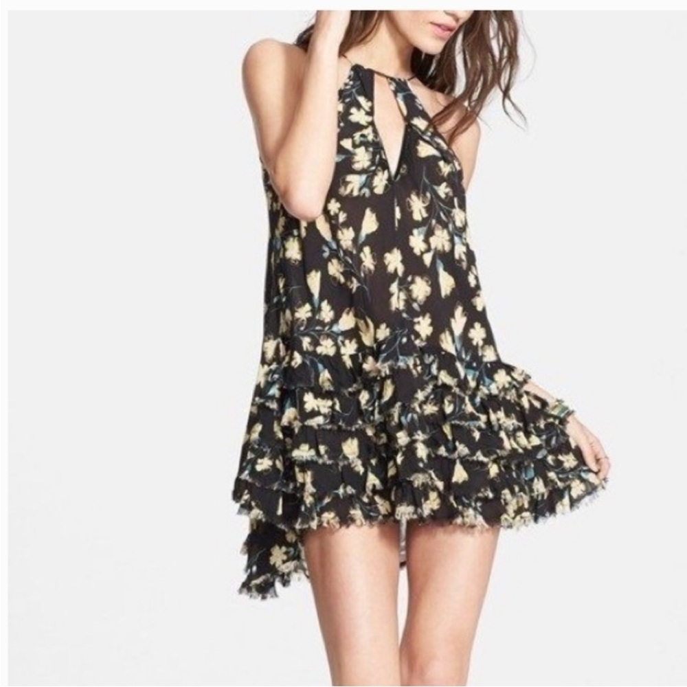 Free People Black Floral Tiered Ruffle Mini Dress